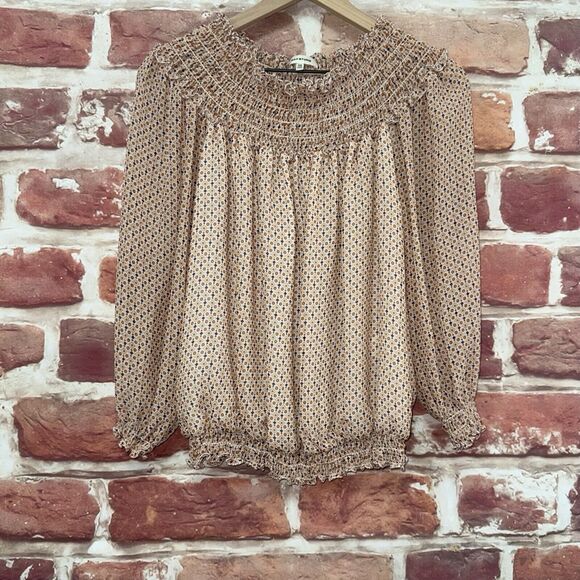 Max Studio Top Shirt Women's XS Multicolor Abstract Smocked Neck Ruffle Popover - Picture 6 of 8